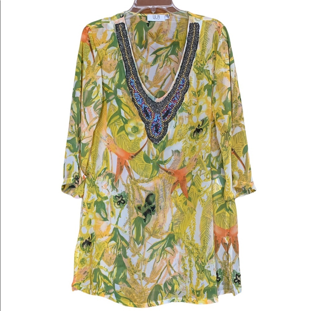 ULA Beaded Tunic Top Floral Print Yellow‎ Green Cover Up Medium
